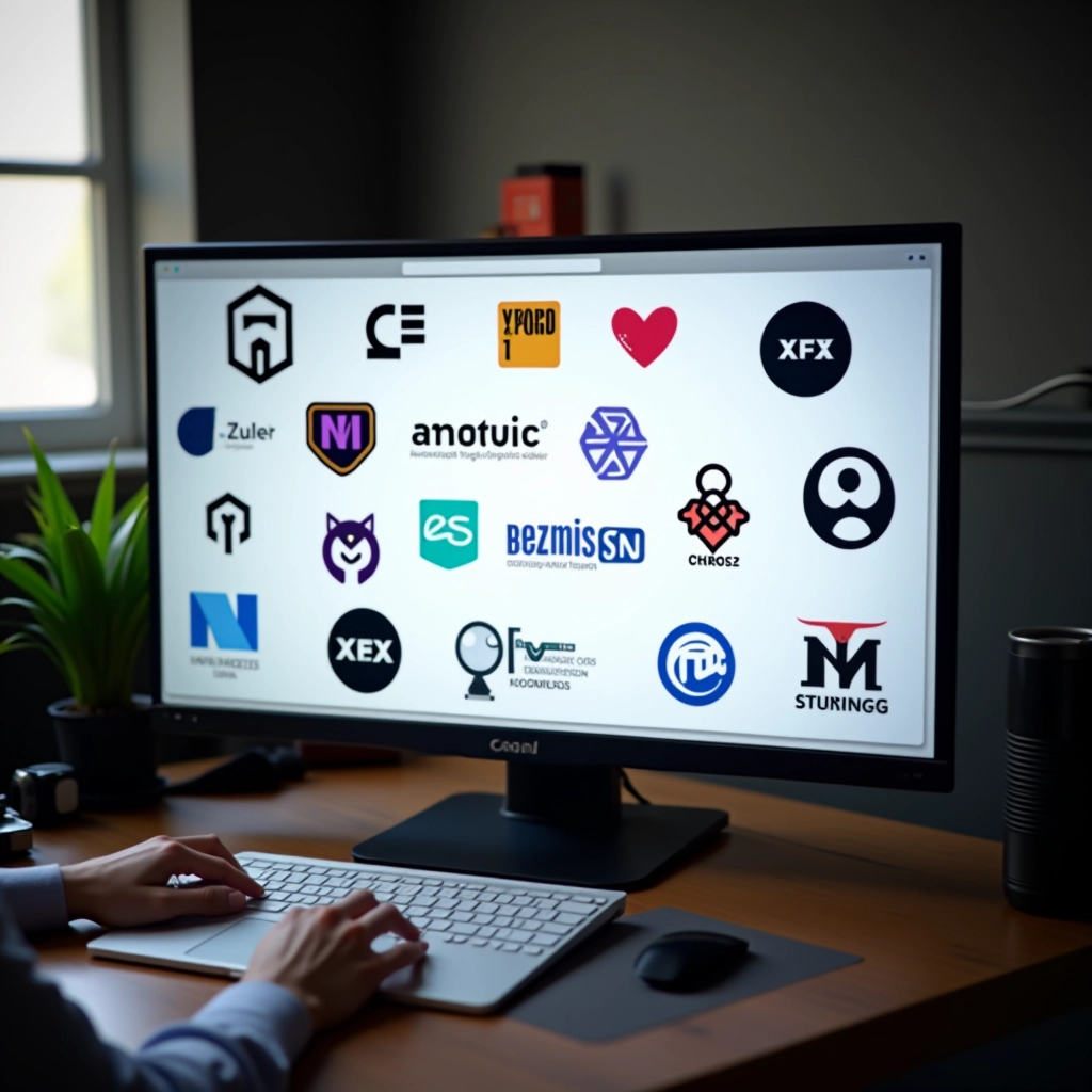 Sammlung verschiedener Brand-Logos und Design-Variationen auf Papier ausgelegt