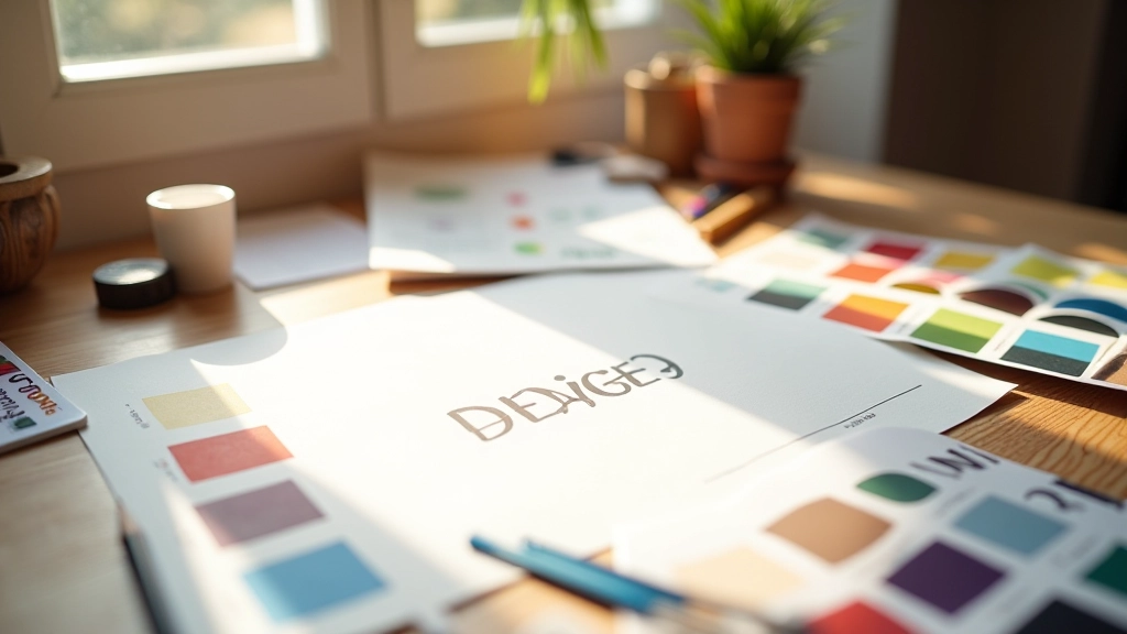 Bunte Markenpalette mit Farbmuster und Design-Elementen auf dem Schreibtisch